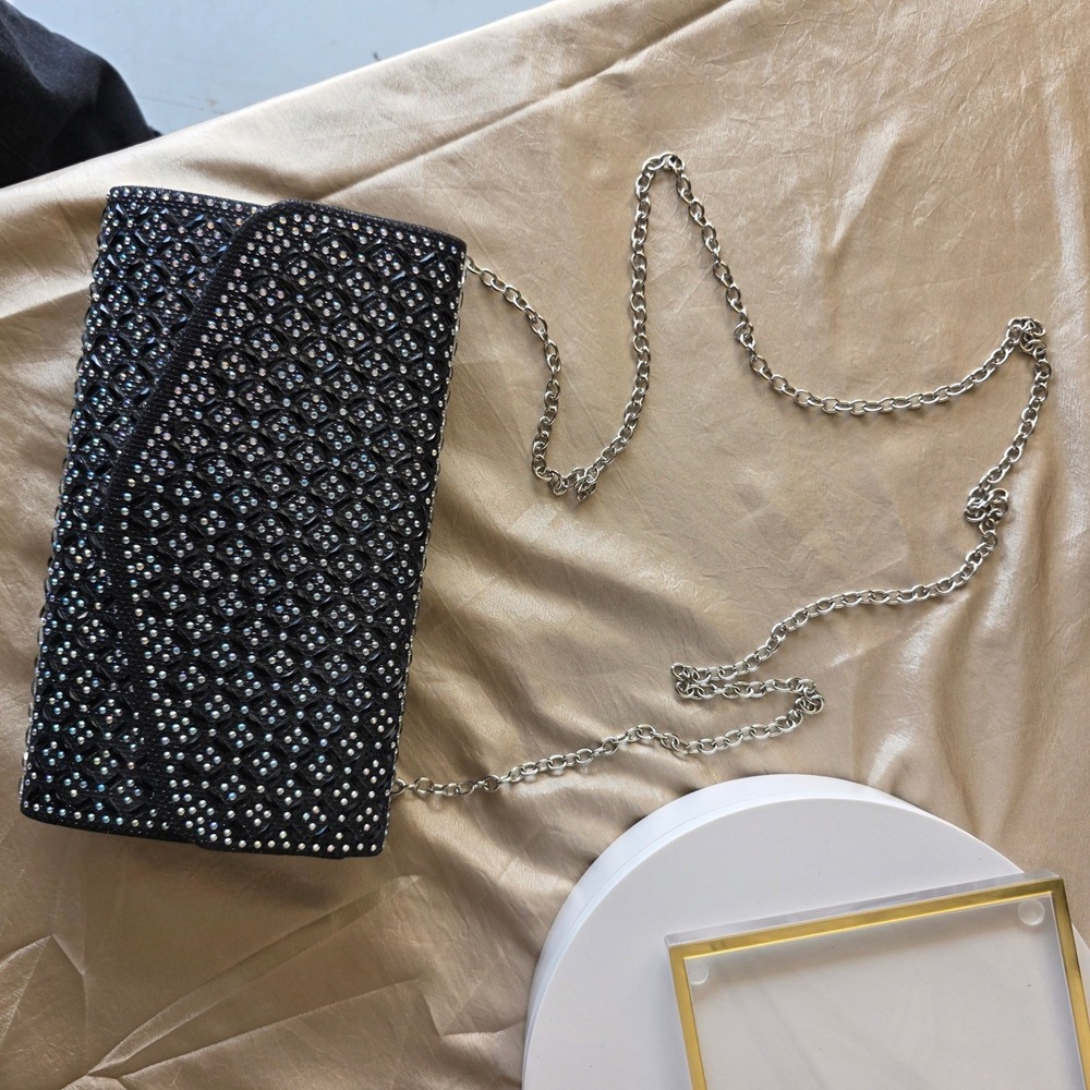 Black Iridescent Rhinestone Evening Clutch Bag with Silver Chain Strap Formal - Picture 9 of 10